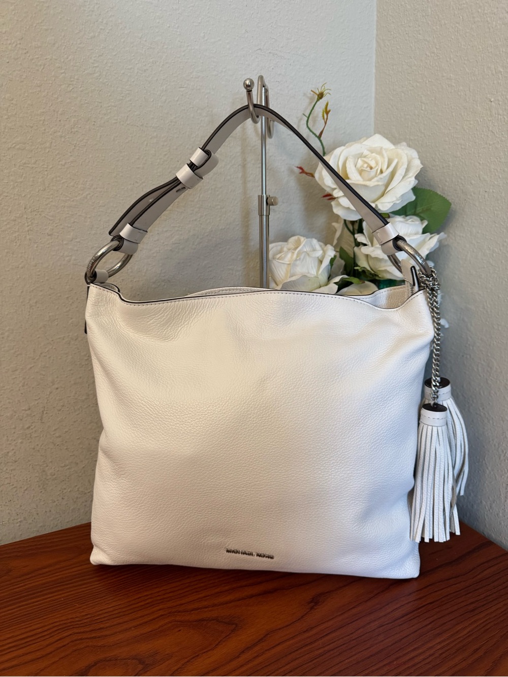 Michael Kors White Leather Tassel Shoulder Bag